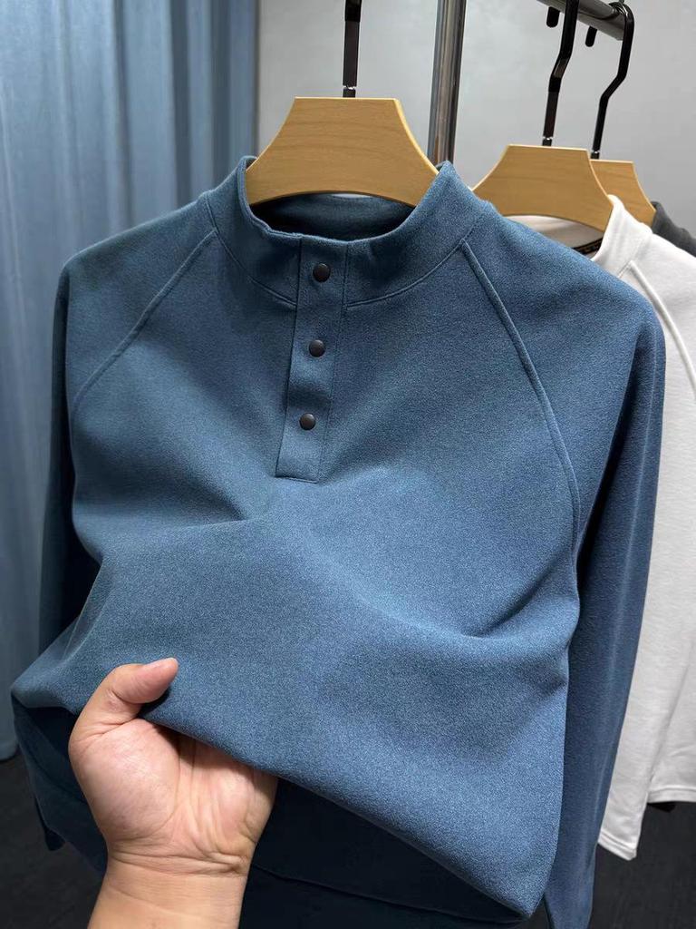 Men's Velvet Collar Henry Long Sleeve Base Layer Shirt - Warm Brushed Solid Casual Autumn/Winter Inner Wear