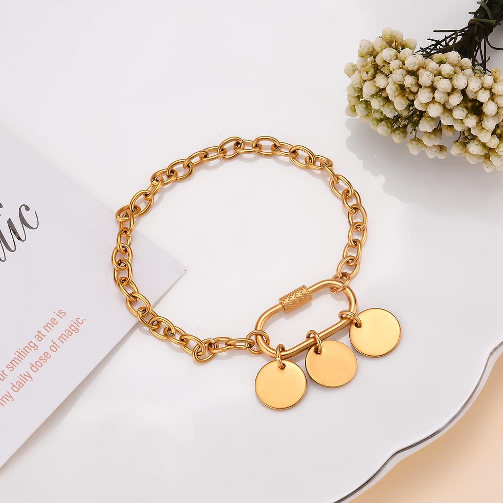 New Customize Name&Date Women Girls Link Chain Bracelet Stainless Steel Round Charm Personalized Jewelry Length 18cm