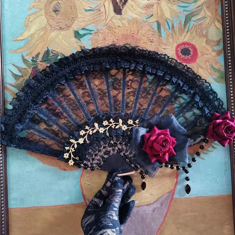 Lolita Cosplay Hand Held Fan Gothic Angel Wing Feather Rose Bead Chain Lace Flower Black Folding Fan Dance Photo Props Halloween