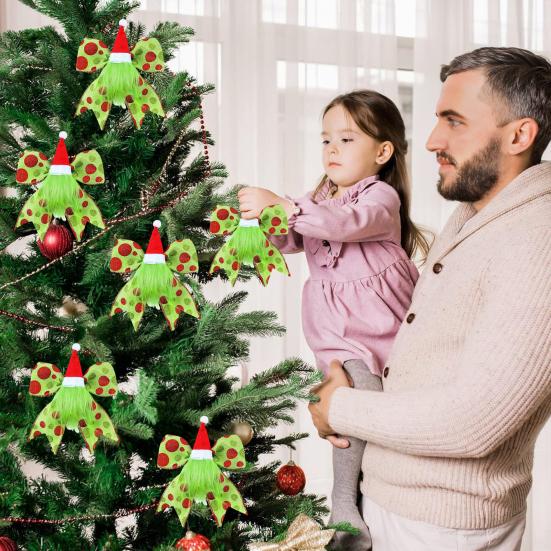 12 Pcs Red Green Dot Christmas Bow Rustic Burlap Bow with Green Furry Hair And Santa Hat for Xmas DIY Crafts Party Decoration