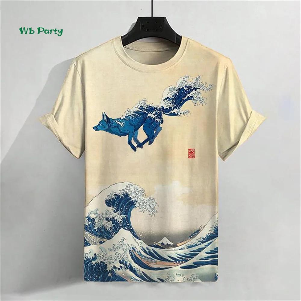 Zomer Rond Hals 3D Japanse Ukiyo-e Patronen Print Top Modieuze Casual Korte Mouw Heren T-shirts