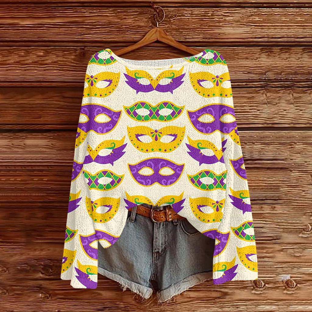 Women's Fashion Round Neck Long Sleeve Print Casual Pullover Sweater Top