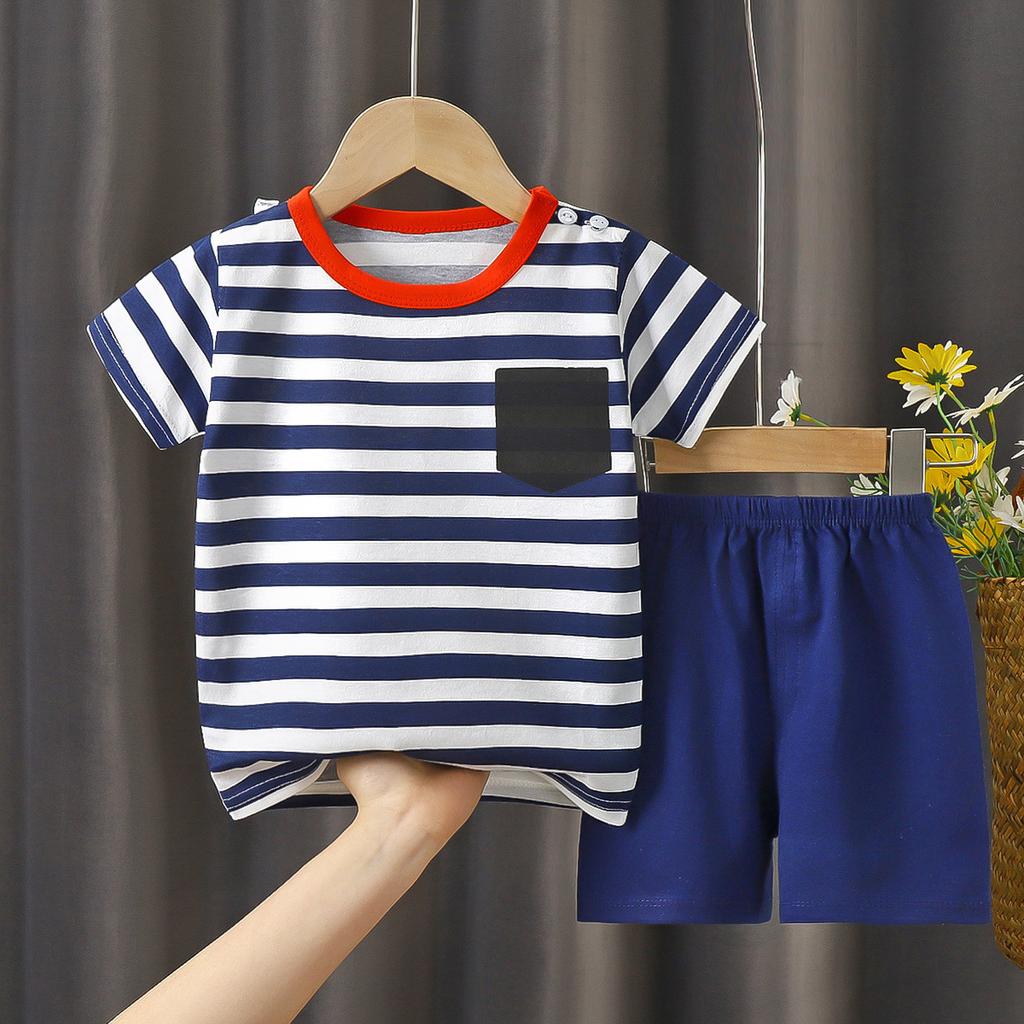 Kids Cotton Short Sleeve 2Pcs Set, Summer Shoulder Snap T-shirt & Shorts for Toddler Boys Girls