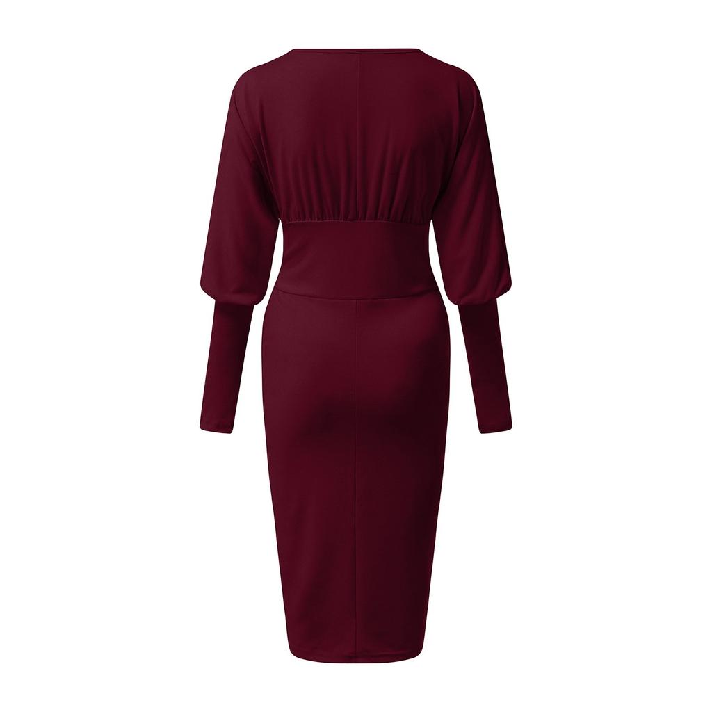Women Sexy Deep V-Neck Drawstring Pleated Hip Skirt Long Sleeve Tight Dress