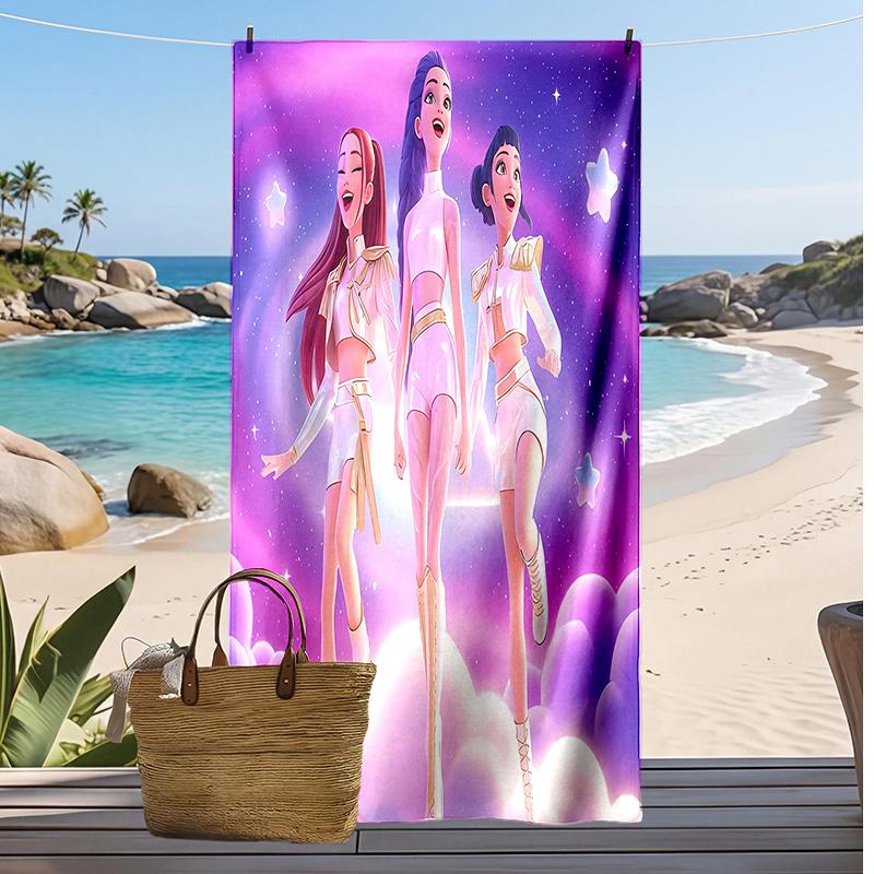 Kpop Demon Hunters Printed Beach Towel, Large Absorbent Quick Dry Towel for Summer Outdoor Swimming