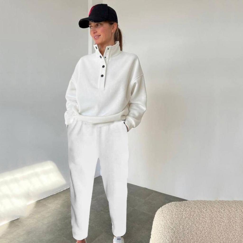 Spring and Autumn Women's Fashion Button Up Collar Hoodie Loose Pants, Hoodie Set