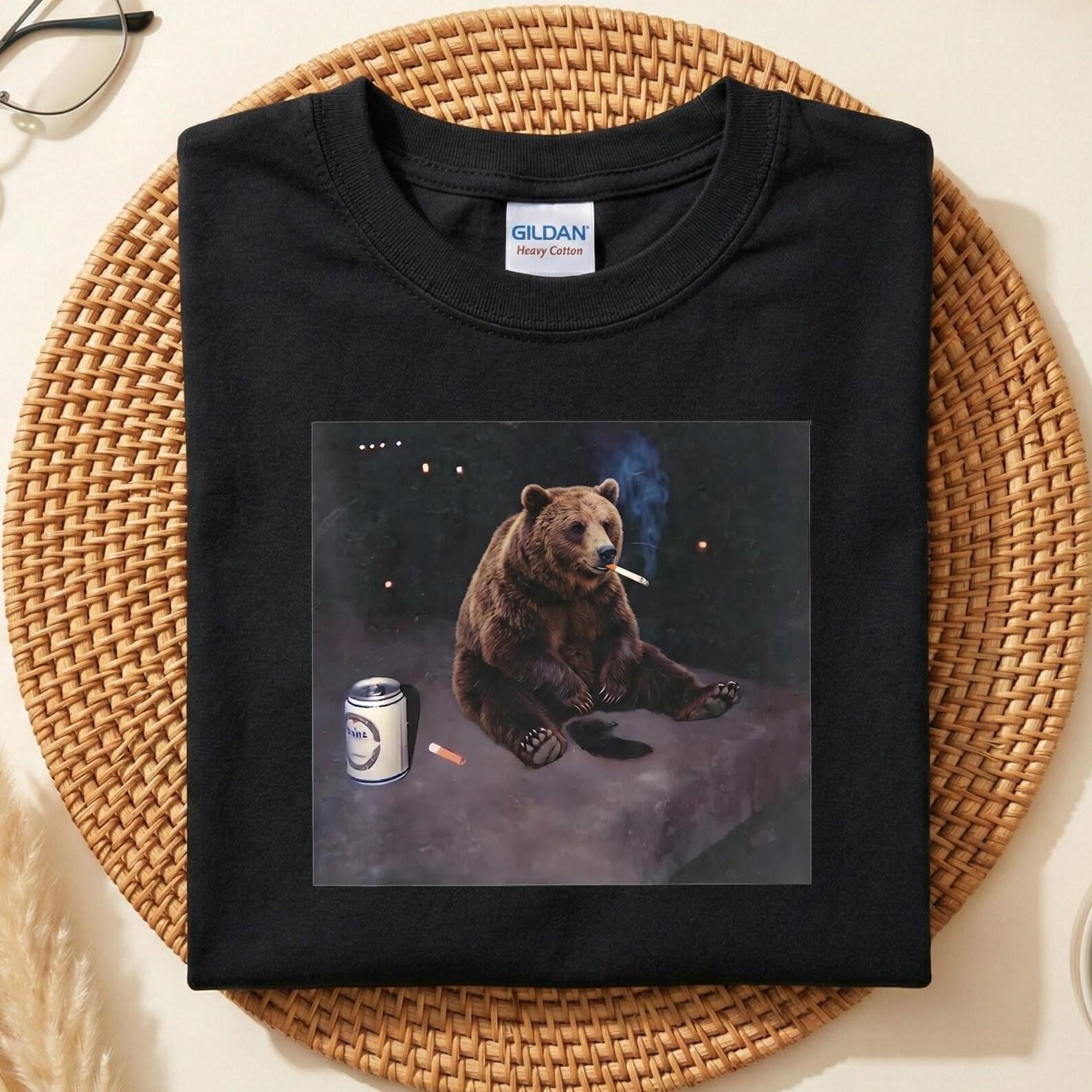 Funny Bear Smoking Drinking Beer T-Shirt, Sarcastic Grizzly Bear Meme Shirt, Funny Animal Tee, Weird Bear Gift For Him, Humor Graphic Tee 4XL