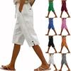 Pantalones Capri de Color Sólido de Algodón Lino Holgados con Cinturón Delantero y Trasero Múltiples Bolsillos para Mujer
