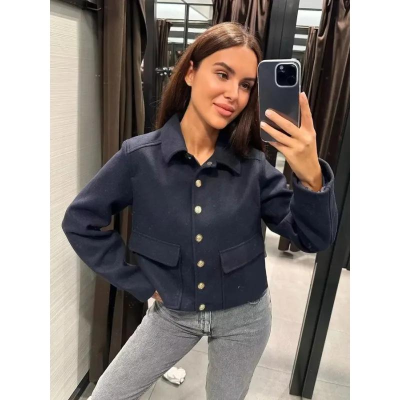 Women's Aviator Black Jacket Wool Blends Coats Cropped Bomber Jacket  Autumn Winter Demi-season Crop Jacket Outerwears