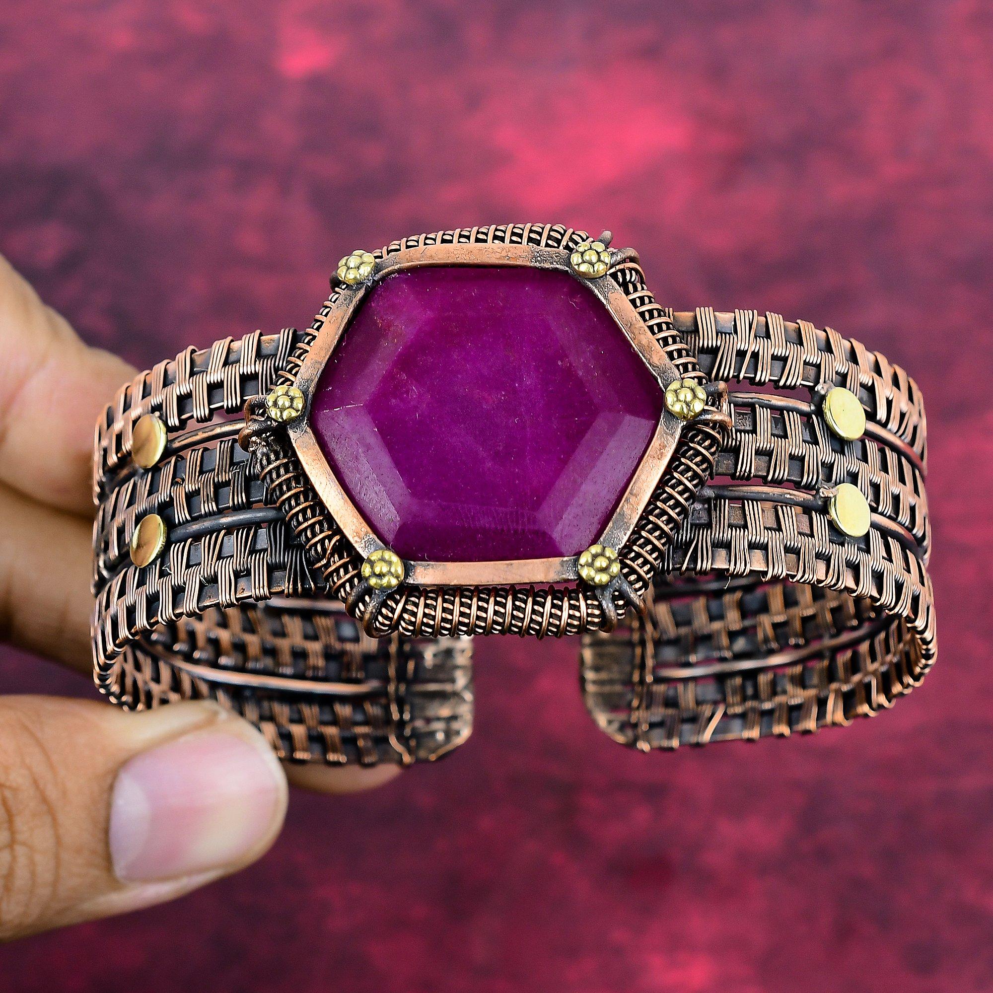 

Faceted Kashmir Ruby Bangle Copper Wire Wrapped Jewelry Adjustable Bangle Gemstone Jewelry Adjustable