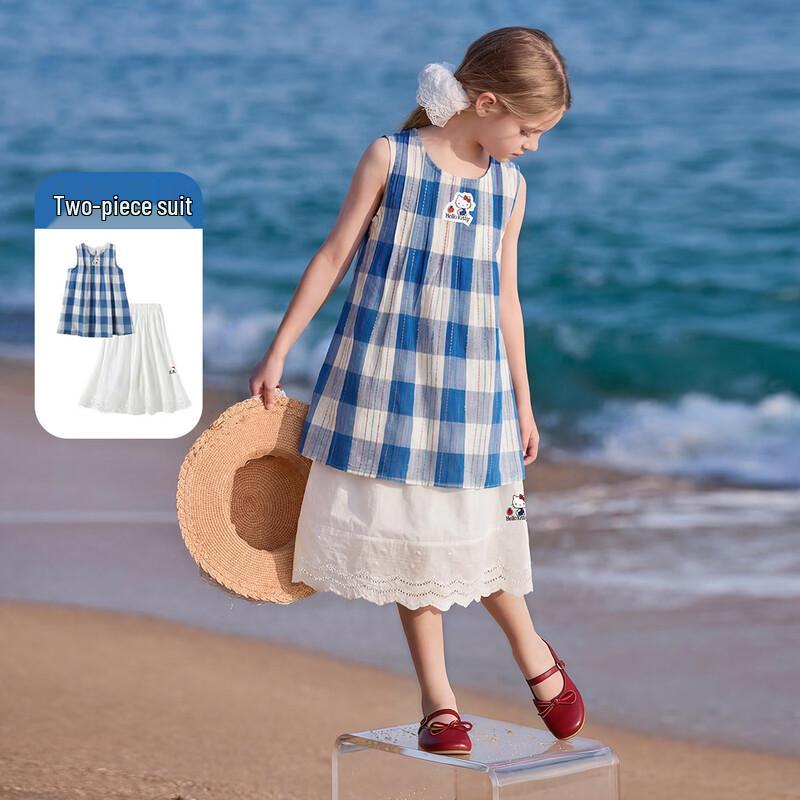 Hello Kitty Girls  Summer Blue Plaid Vest Dress 120