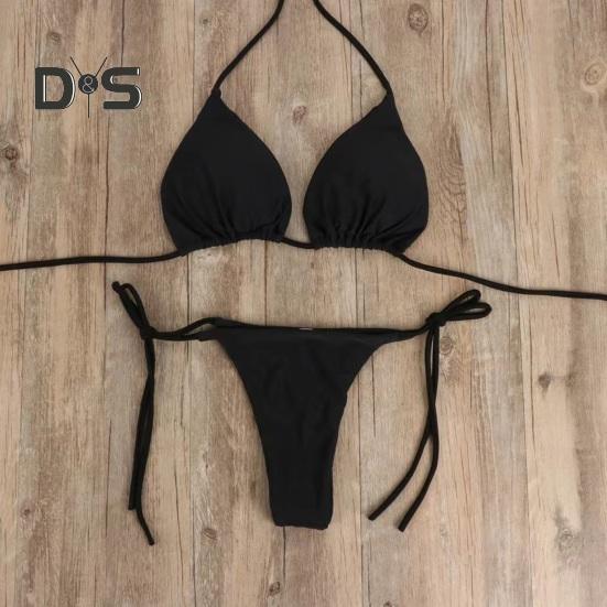 2 Pcs/Set Ladies Triangle Bikini Halter Neck Swimwear with Chest Pads Lace-up Thong Swimsuit Sexy Beachwear Bathing Suit for Beach Vacation Pool