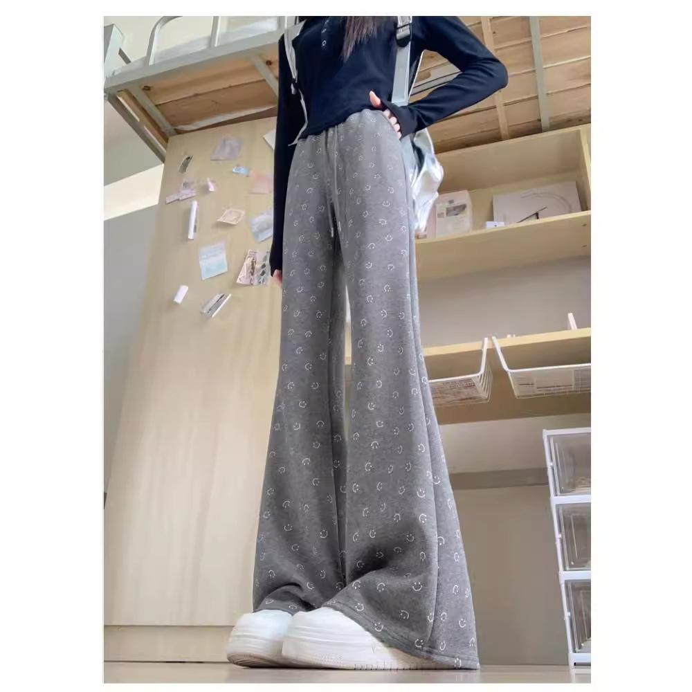 Black Spice Girl Micro Flared Pants Sweatpants Autumn and Winter Skinny Mopping Casual High Waist Wide Legs Smiley Horseshoe Sweatpants