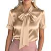 Women Satin Tie Short Sleeve Blouse Elegant Loose Fit Office Top Business Formal Shirt with Cuffed Sleeves for Work Casual Wear