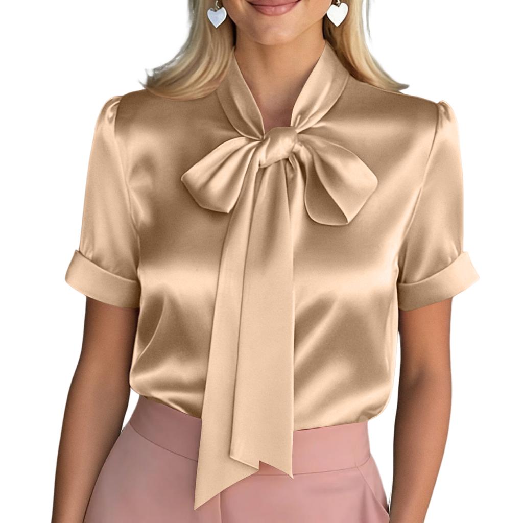 Women Satin Tie Short Sleeve Blouse Elegant Loose Fit Office Top Business Formal Shirt with Cuffed Sleeves for Work Casual Wear