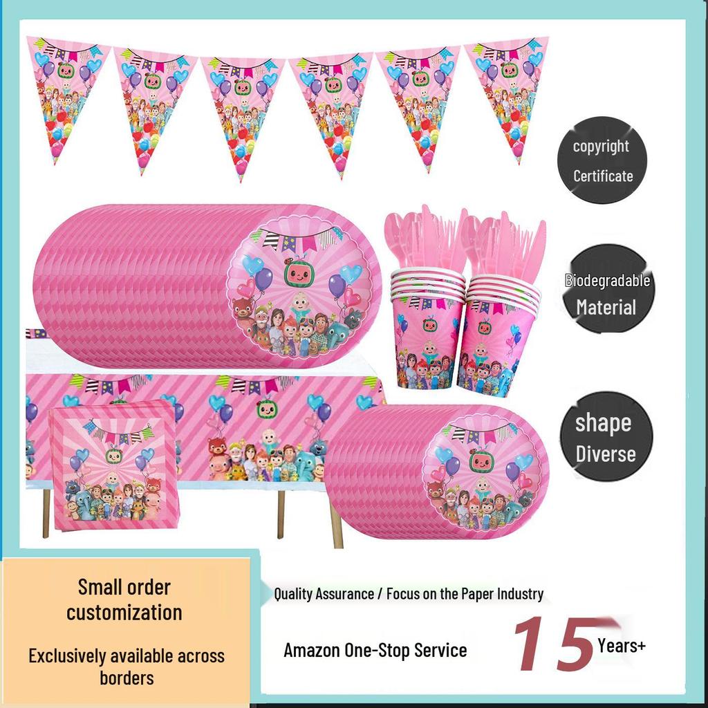 Cocomelon Pink Party Pack: Paper Plates, Cups, Tablecloth, Flags, Candy Boxes - Disposable Tableware Set for Parties