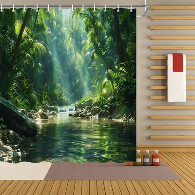Tropical Jungle Shower Curtain Green Forest River Scene Nature Art Calm Wilderness Decor Waterproof Printed Bath Curtain Home