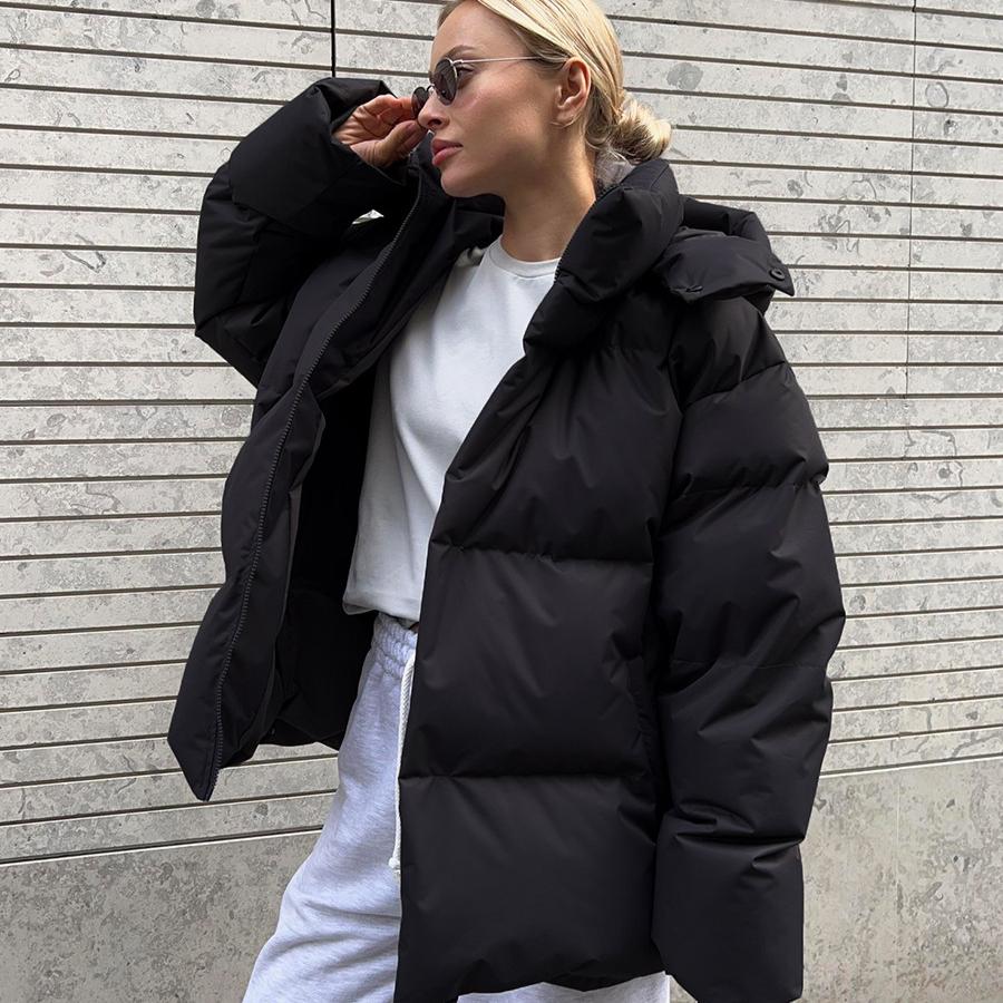 Women's Hooded Puffer Jacket Winter Padded Warm Coat Thicken Outerwear Stand Collar Oversized Long Sleeve Full Zip Quilted Puffer Coats for Women