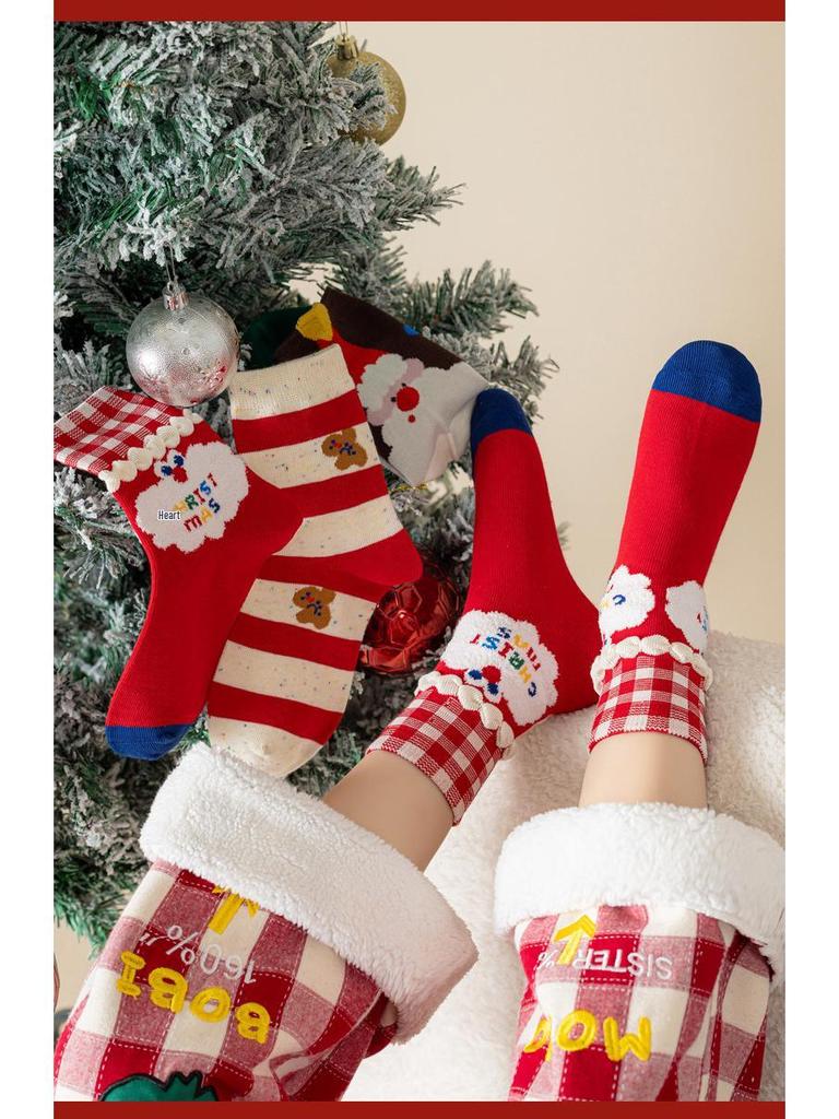 Festive Red Cartoon Mid-Calf Socks for Boys and Girls - Comfortable and Non-Constricting for Autumn and Winter