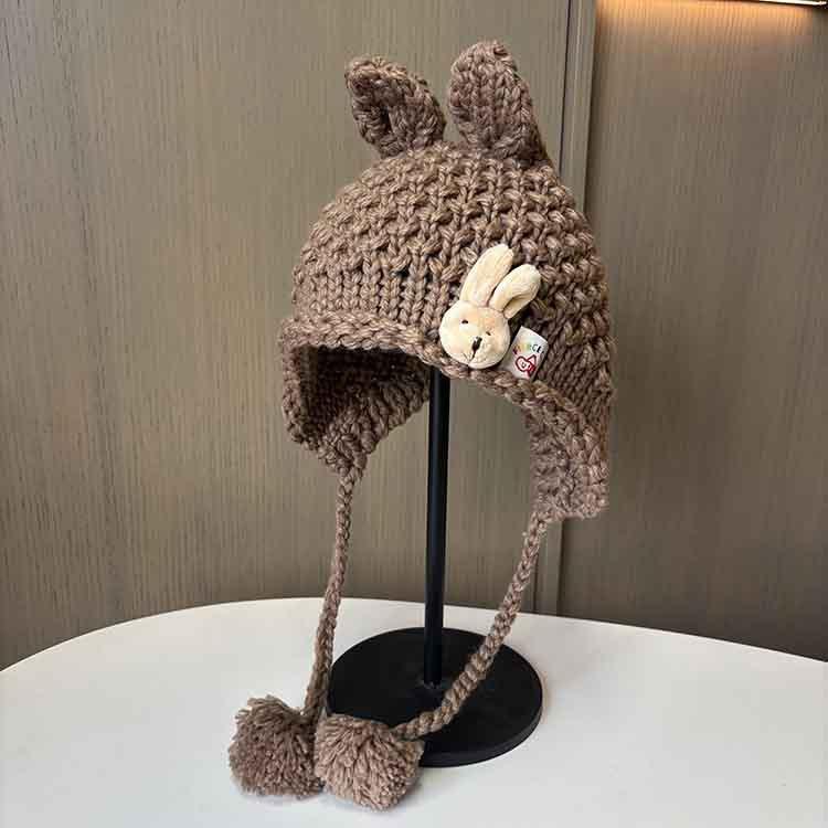 Ing Rabbit Ears Cute Wool Hat Handmade Knitted Hat Ladies Outdoor Warm Ear Cap M（56-58cm）