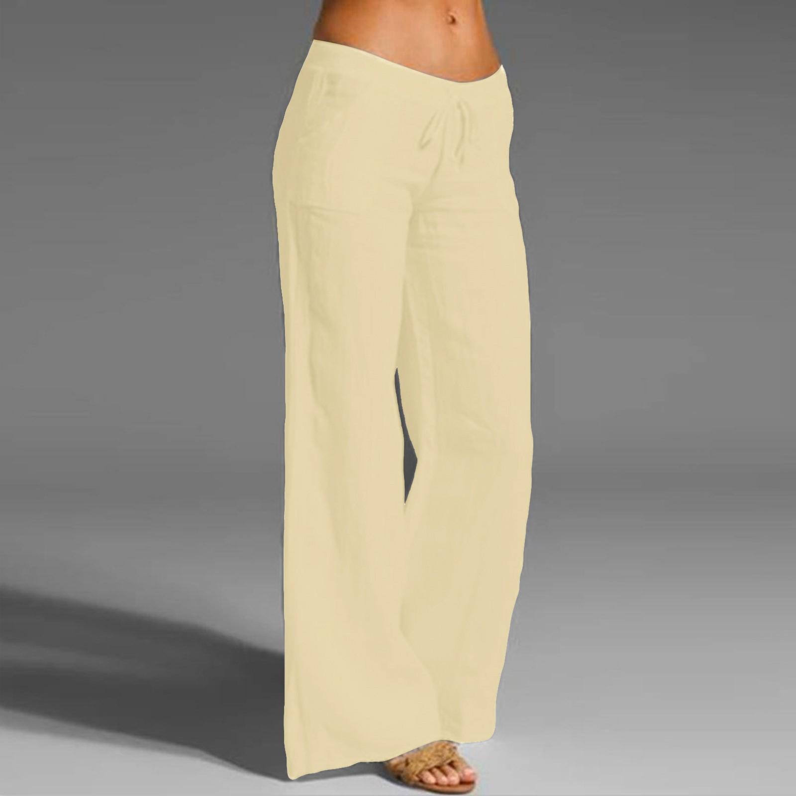 Women s Casual Cotton Linen Elastic Waist Drawstring Long Wide Leg Pants L бежевый