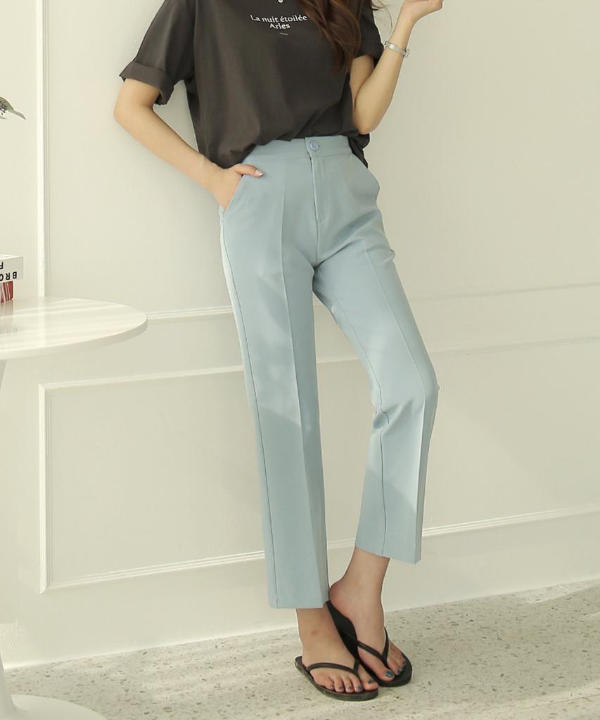 Ppaeppae Domestic Secret Elastic Waist Semi-High Waist High Stretch Sky Blue Slacks