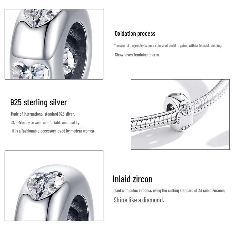 Pure Heart Sterling Silver Zircon Bracelet with Heart-Shaped Spacer Beads