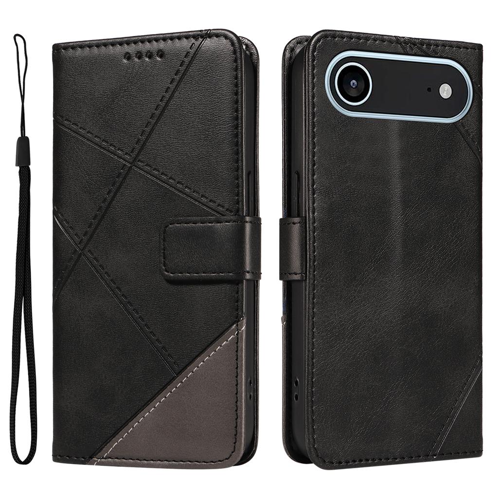 For iPhone 17 Air Leather Case Geometric Line Design Wallet Phone Cover with Wrist Strap