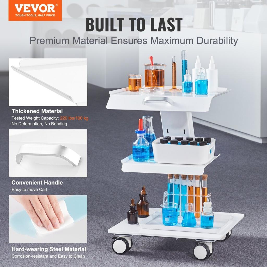 Lab Trolley, 3-Layer Rolling Lab Cart, Metal Mobile Trolley with Swivel Wheels, Tray Rolling Clinic Cart 220 Lbs Weight Capacity, for Lab, Clinic,