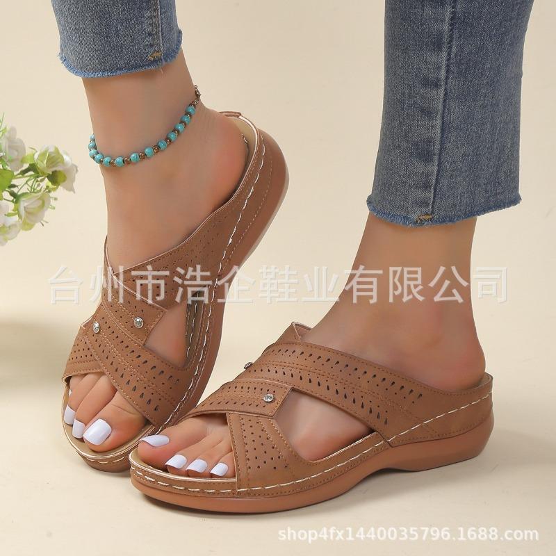 

Large size new casual round head cross strap hollow high heel women s wedge heel slippers 35 темно-коричневого кольору