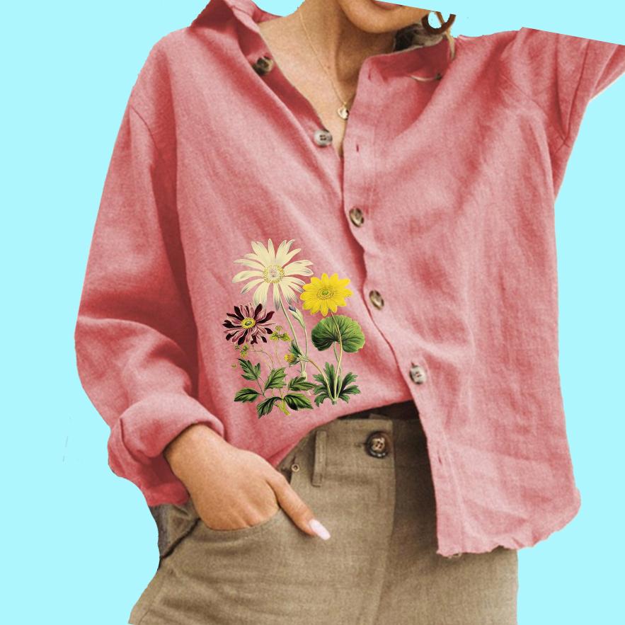 

Женская модная блузка с цветочным принтом, женская хлопковая льняная рубашка с длинным рукавом и застежкой на пуговицы 3XL розовый