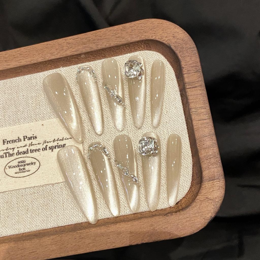 Handmade Nude Cat Eye Almond Press On Nails Simple Design Full Cover Acrylic False Nail Tips Manicure