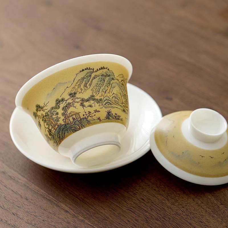 High-end Kung Fu tea set, household hand-painted step-by-step cover bowl teacup gift box plus
