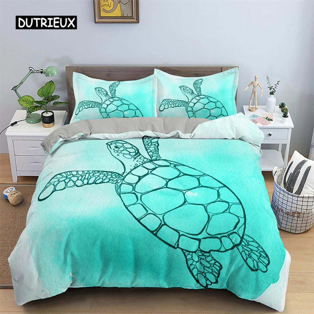 Exotic Sea Turtle Duvet Cover Microfiber Marine Life Geometric Comforter Cover 3D Ocean Theme Bedding Set Double Twin King Size