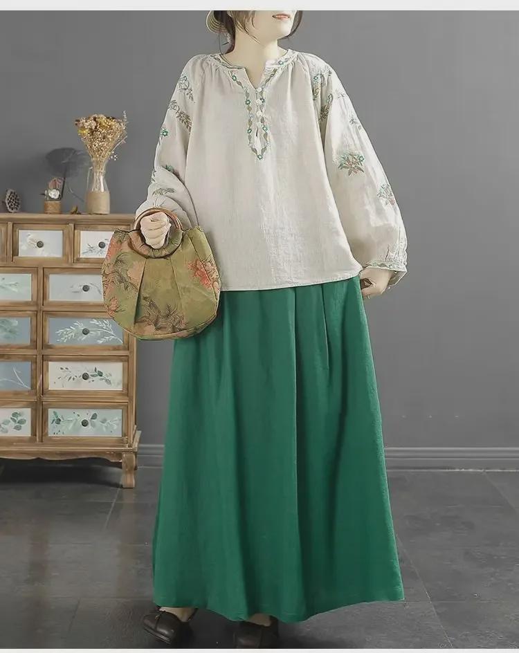 New Summer Ethnic Embroidered Long-Sleeve Cotton-Linen Shirt
