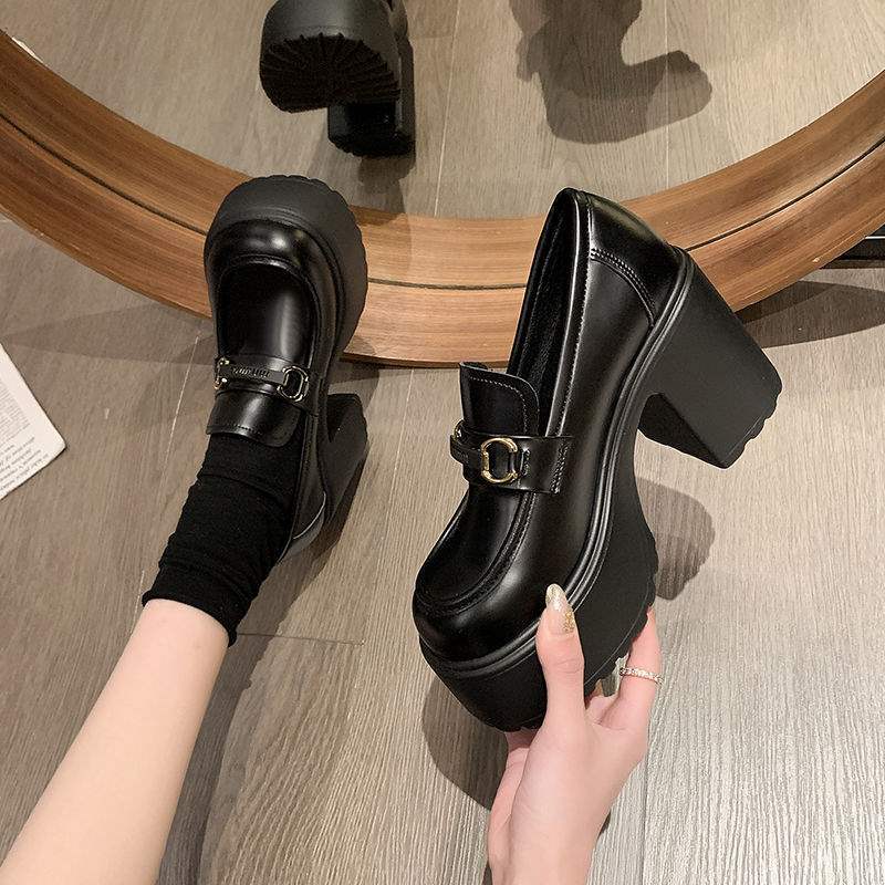 9Cm Thick Heel High Heel British Style Small Leather Shoes Women's Autumn and Winter Thick Sole Waterproof Table Slope Heel Velvet One Pedal Loafers