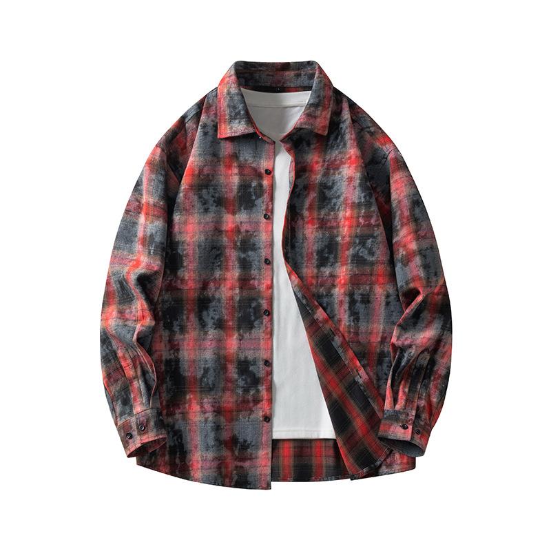Tie-dye plaid long-sleeved shirts for men and women, autumn new trendy Hong Kong style casual jackets, youth tops