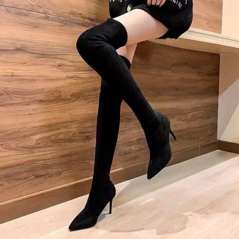 

Women s Over-the-Knee Slim Fit Chunky Heel Suede Stretch High Shaft Boots 2025 Autumn New Release Black Pointed Boots 42