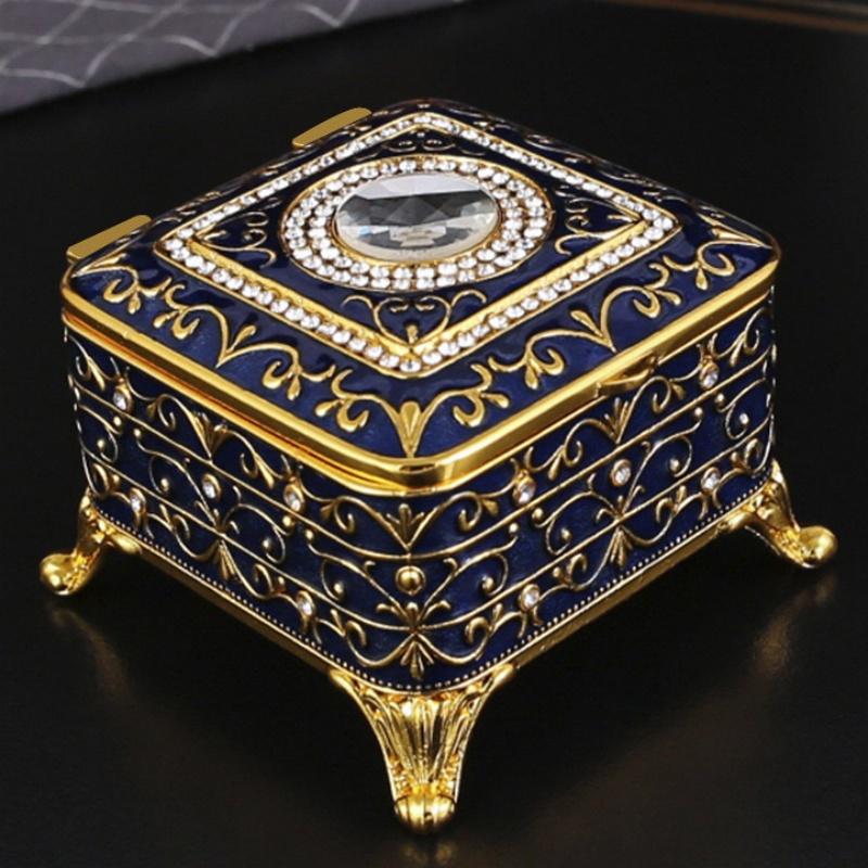 Mini Square Shape Jewelry Storage Box Necklace Organizer,Large Size Inlaid Gem Alloy Ring Storage Jar Unique Gift for Family