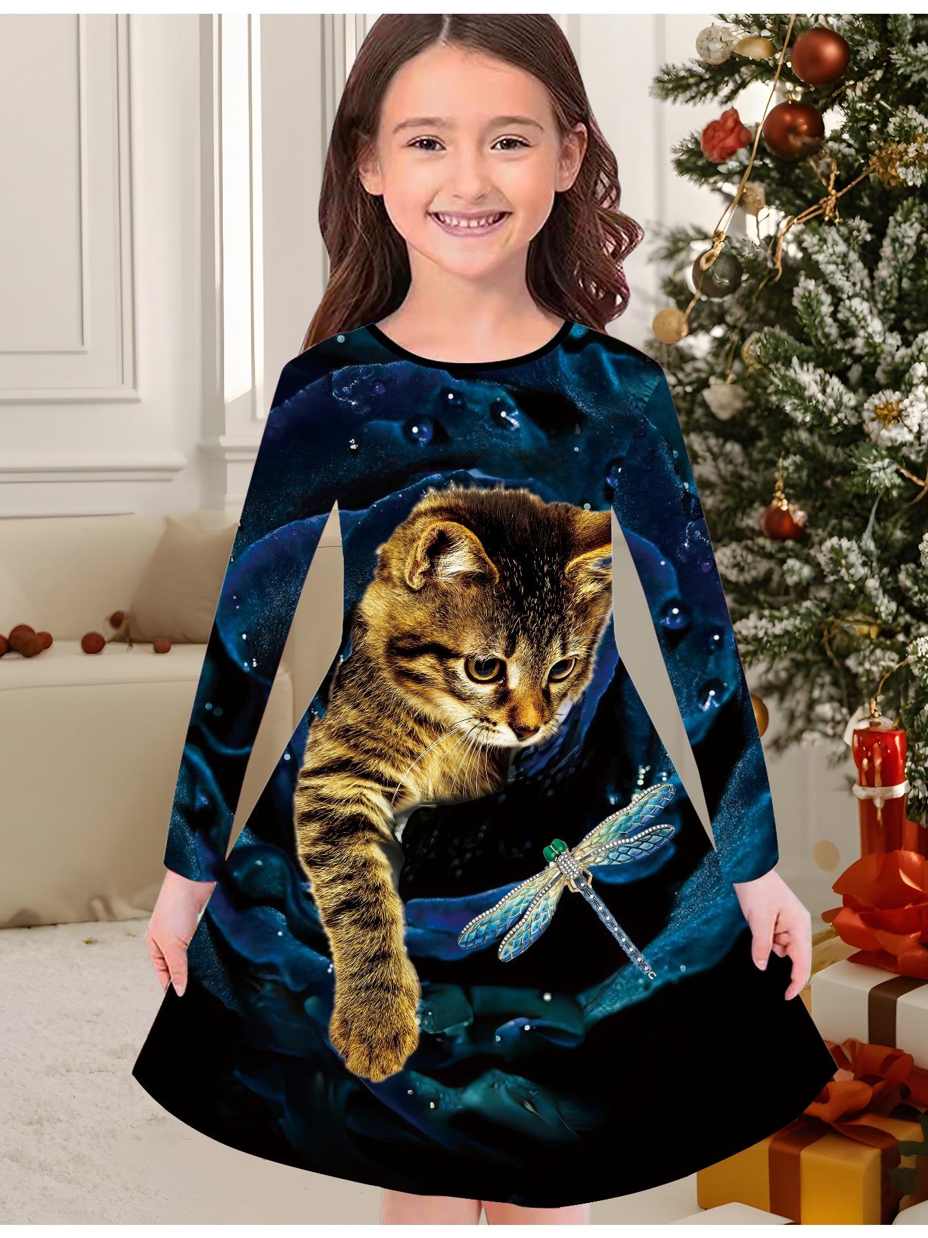 

Girls Autumn and Winter Fashion Dress, 3D Kitten Print Round Neck Long Children s T-shirt Dress, Casual Versatile, Christmas Clothing 170 темно-синий
