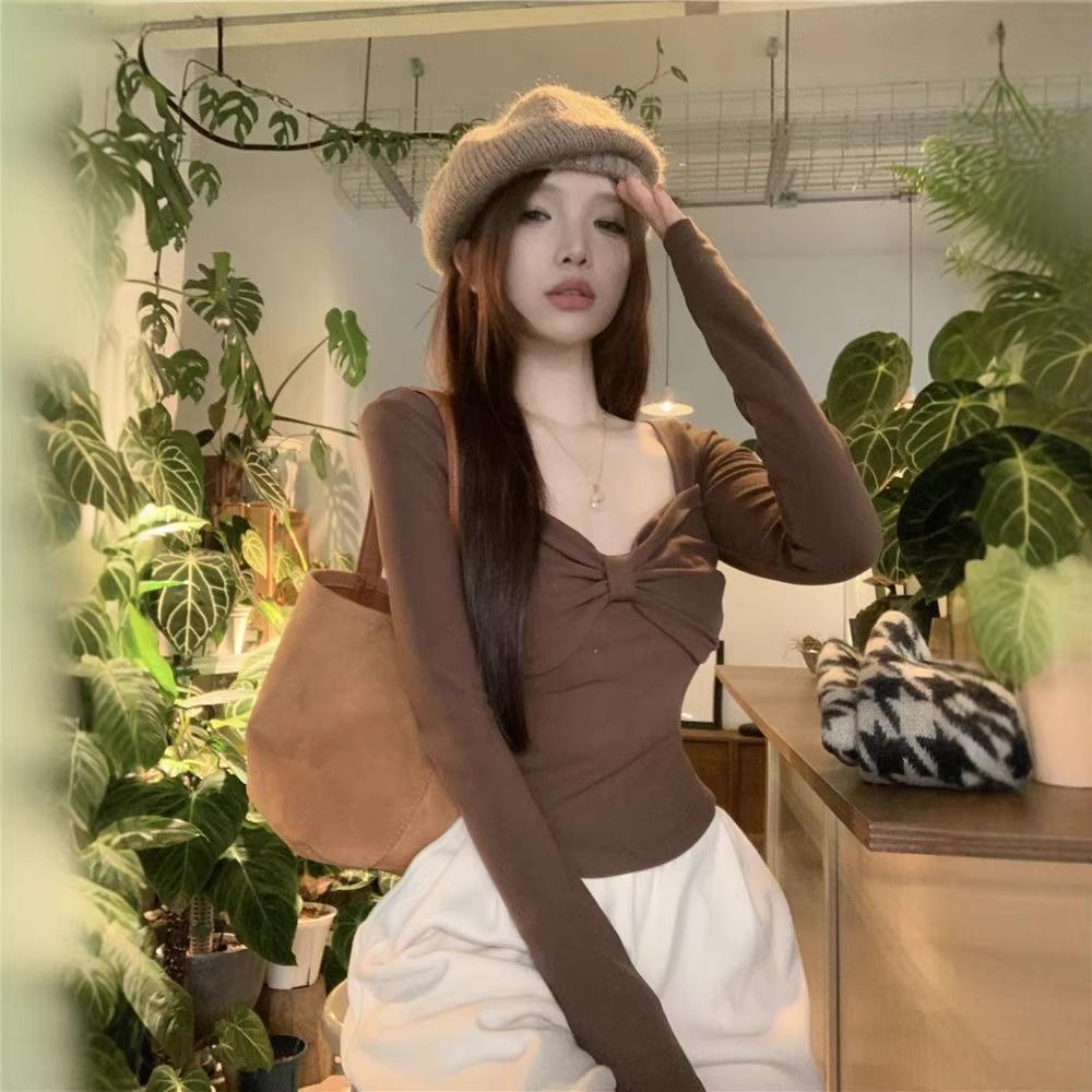 2025 Autumn/Winter Women's Coffee Bowknot Slim Fit Long Sleeve Base Layer Top