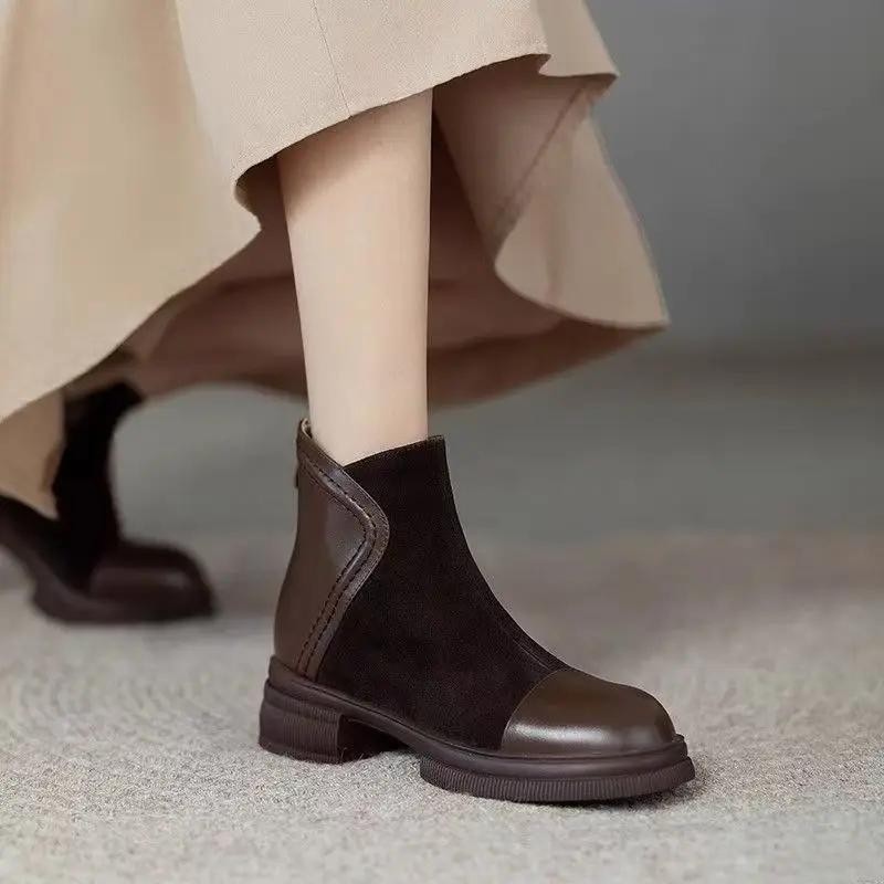 Fashion Booties Soft Round Toe Retro Style Female Short Shoes Height Increasing Large Size Warm Autumn High Quality Women's Ankle Boots