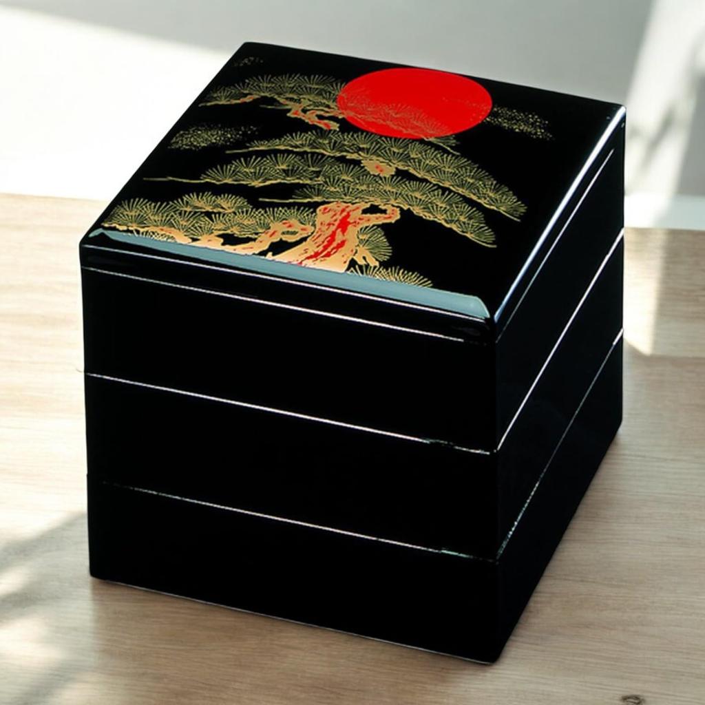 J-kitchens Lackvaror 3-vånings Jubako-låda, 6,5 tum, Houtoku Hinode Matsu (Soluppgångstall) Design, 19cm, Harts, Tillverkad i Japan