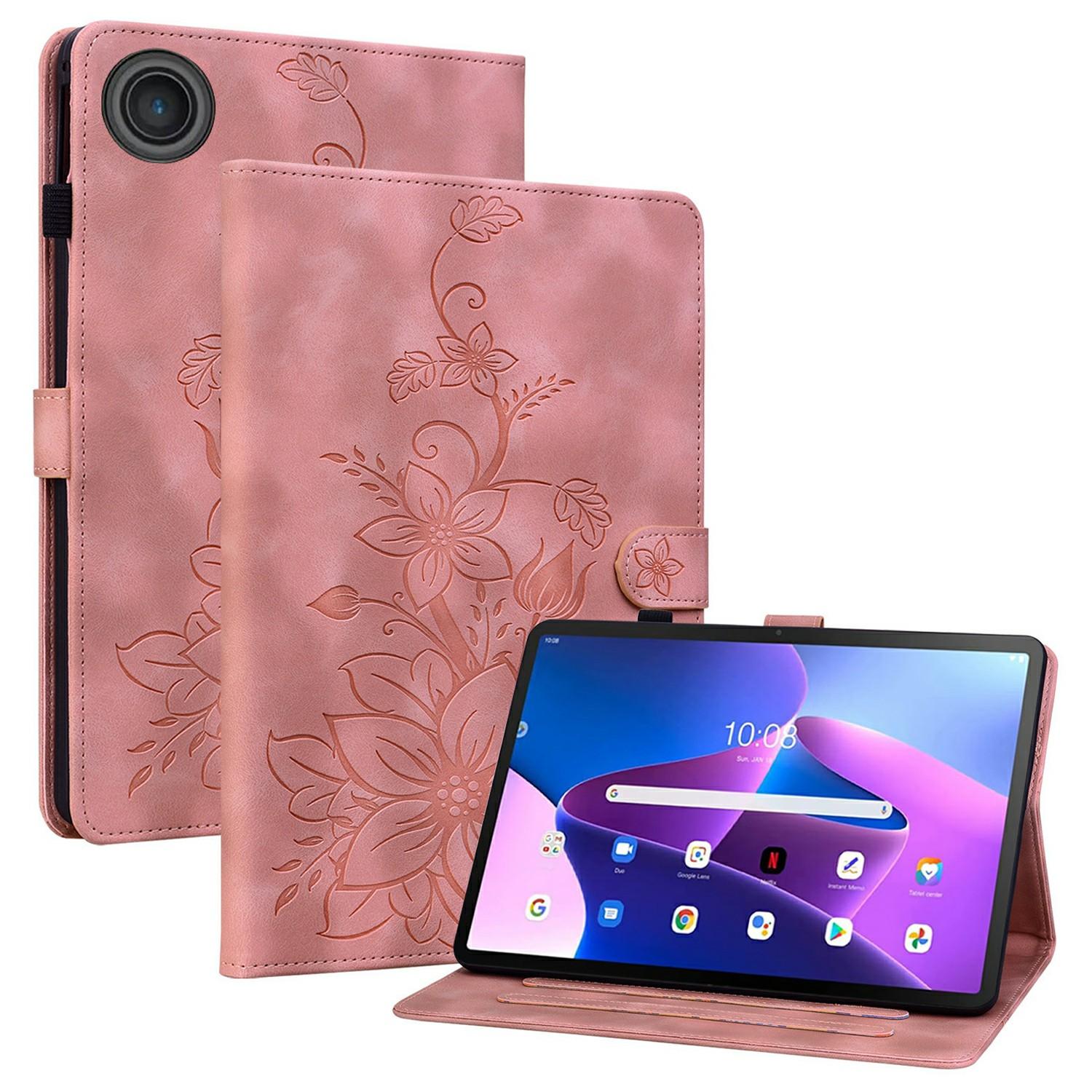 

For Lenovo Tab TB311FU Case Lily Flower Imprint Card Slots Leather Tablet Cover Pink