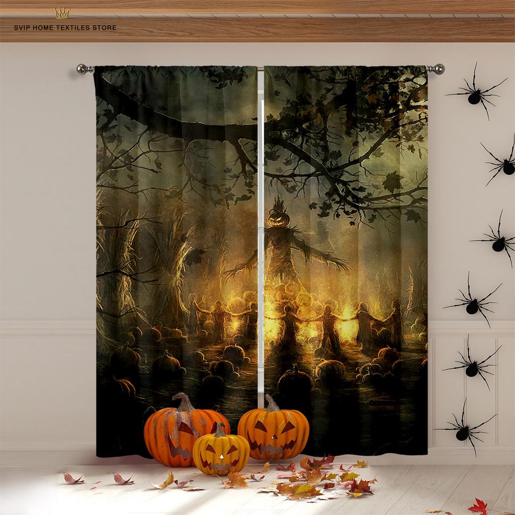 Halloween Horror Pumpkin Cartoon Print Curtains, Blackout, Heat Insulation, Restaurant, Bedroom, Party Decoration