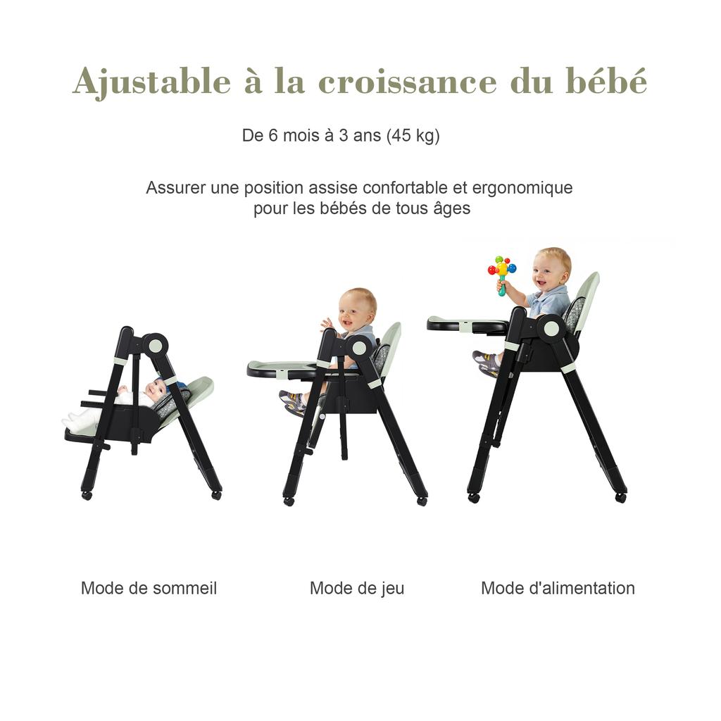 Chaise Haute Bébé 2-en-1 avec Fonction à Bascule, Harnais de Sécurité 5 Points, Roues Blocables, Plateau Amovible, Pliable et Réglable en Hauteur, Vert Foncé