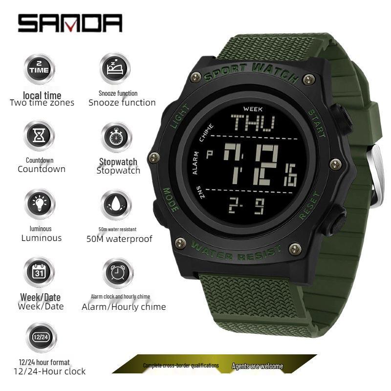 Sanda Dual Time Student Sports Watch – Trendy, Luminous, Snooze, Waterproof, Multifunctional Alarm Clock.