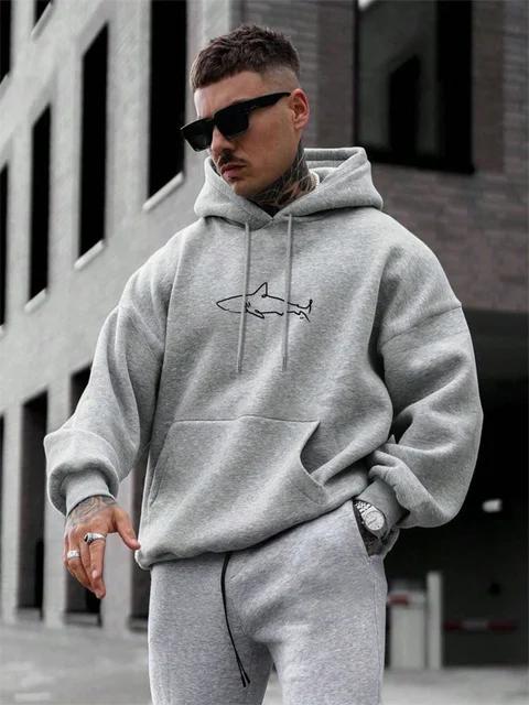 Simple Shark Printing Hoodie For Unisex Kangaroo Pocket Drawstring Pullovers Thermal Fleece Warm Sweatshirts Autumn Casual Clothes
