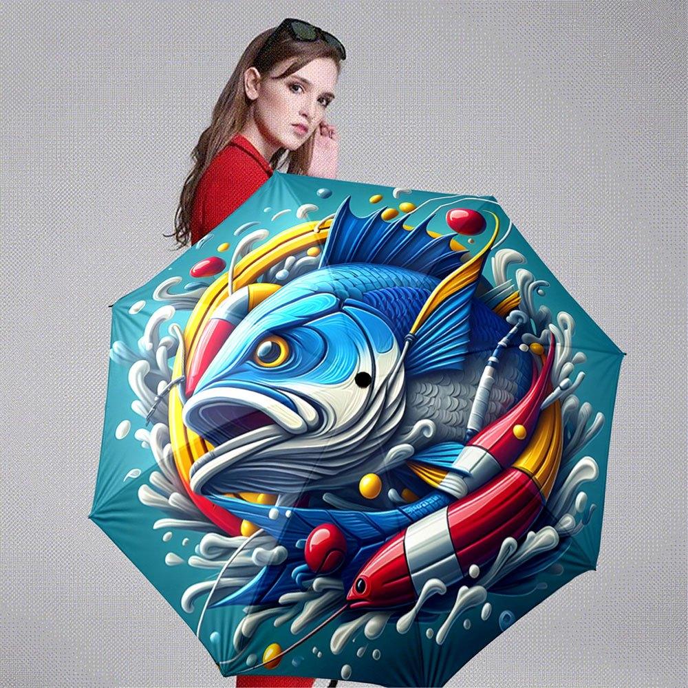 Automatic Folding Umbrella A colorful fish surrounded by waves and fishing gear. Portable collapsible design, casual outdoor a