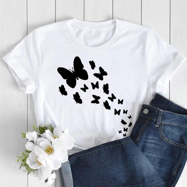 Butterfly Love Heart Print T Shirt Women Fashion Black T Shirt Female Short Sleeve Cute Graphic Tee Shirts Ladies Summer Tops